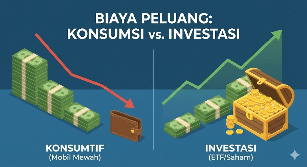 Ilustrasi biaya peluang opportunity cost antara membeli mobil mewah dan investasi ETF saham.
