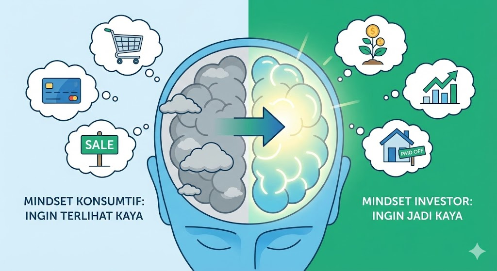 Ilustrasi perbedaan mindset konsumtif ingin terlihat kaya dengan mindset investor ingin menjadi kaya.